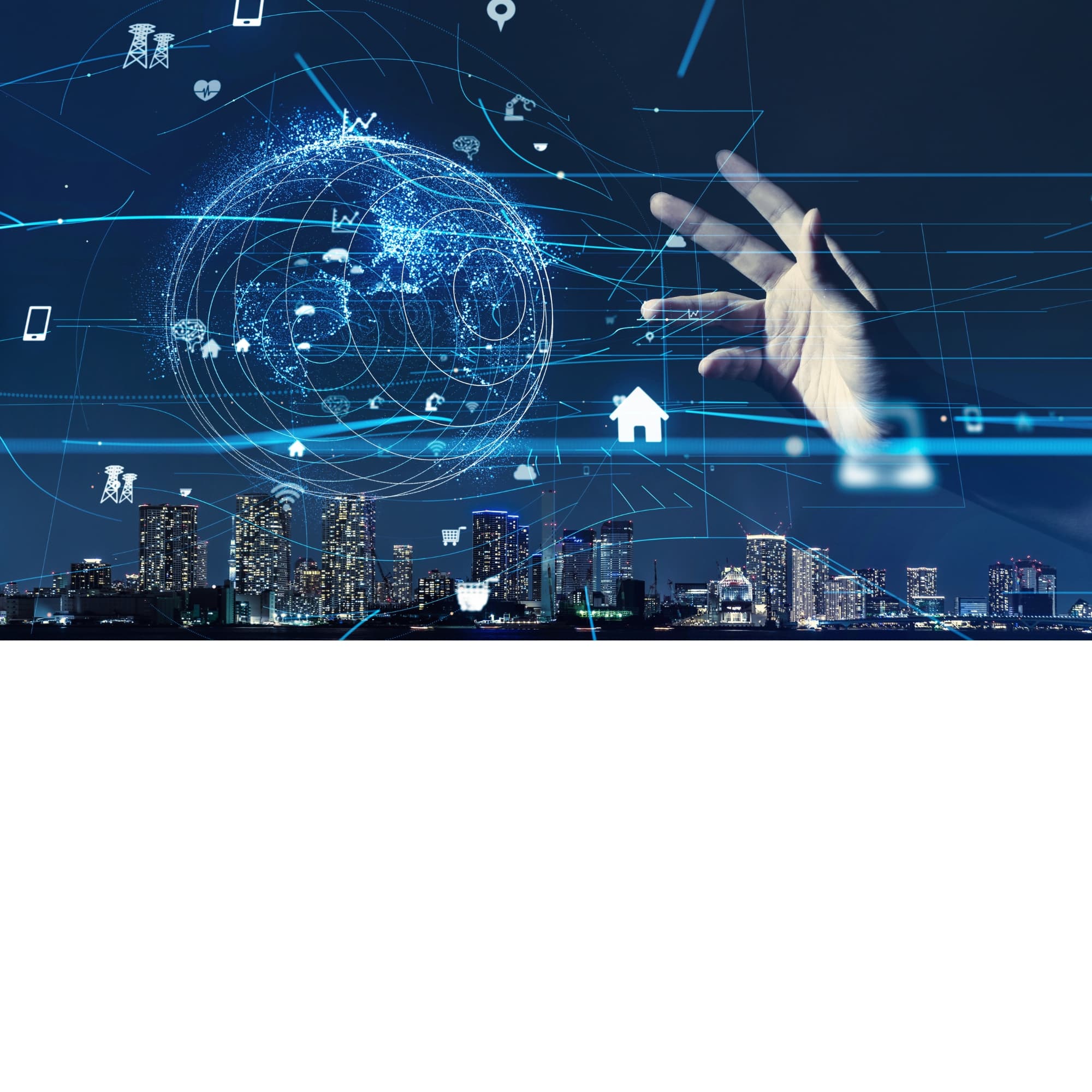 Hand reaching toward a glowing digital globe and city skyline