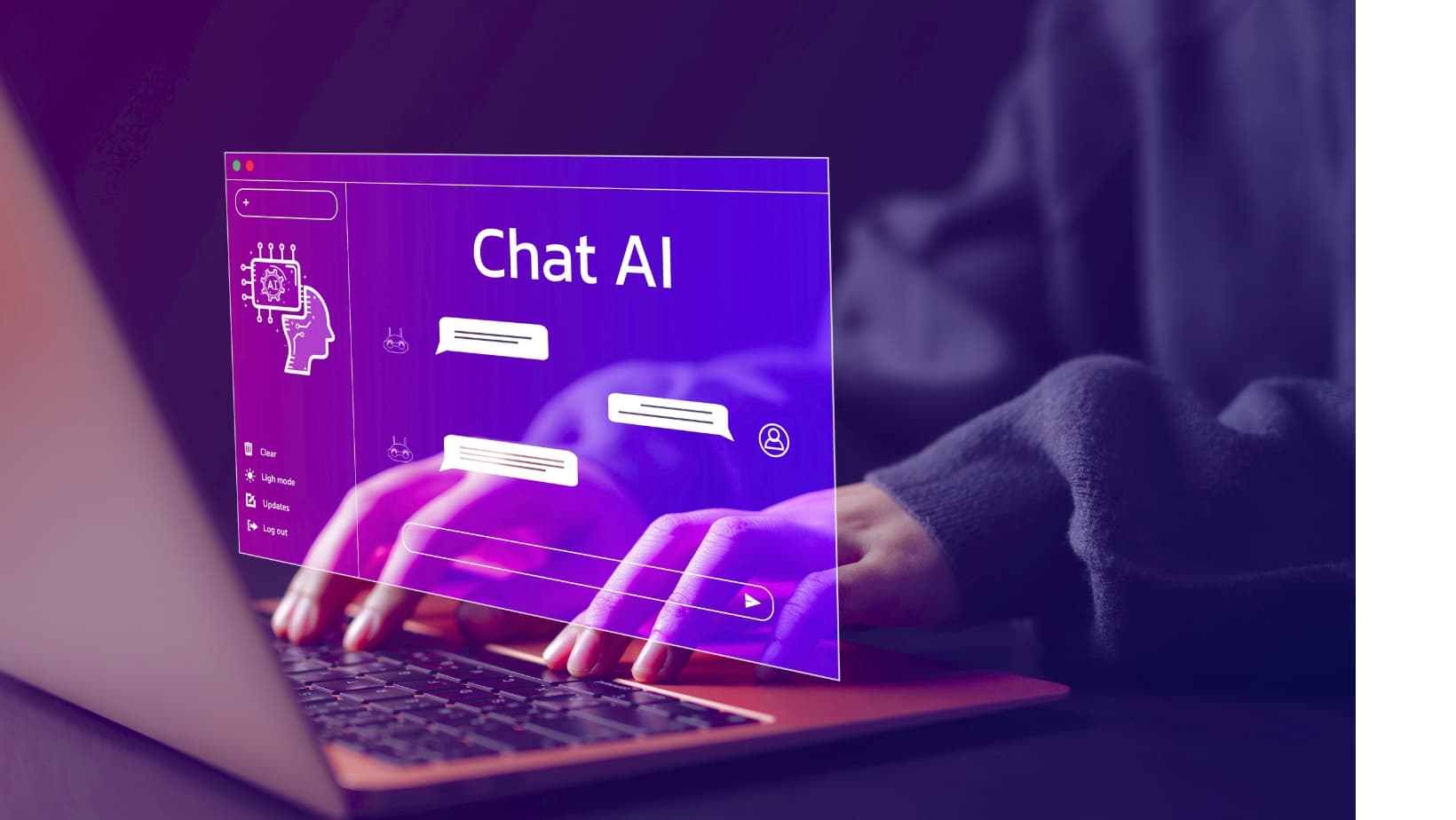 Laptop displaying a Chat AI interface with purple message bubbles
