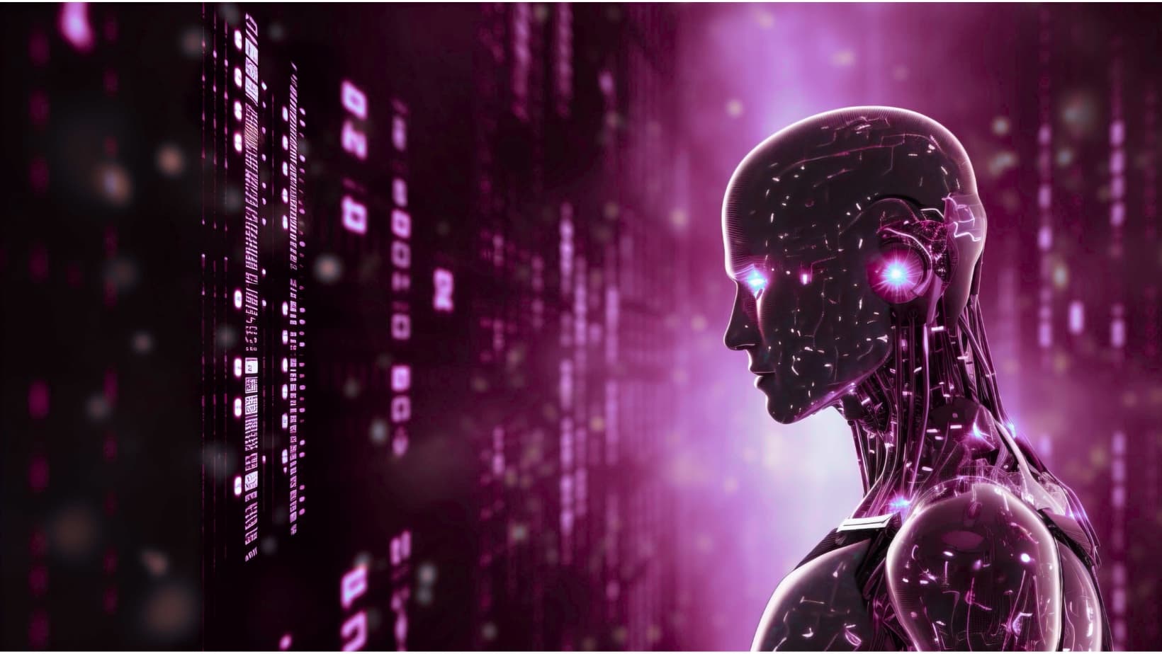 Robotic head profile made of glowing purple circuits representing LLM integration