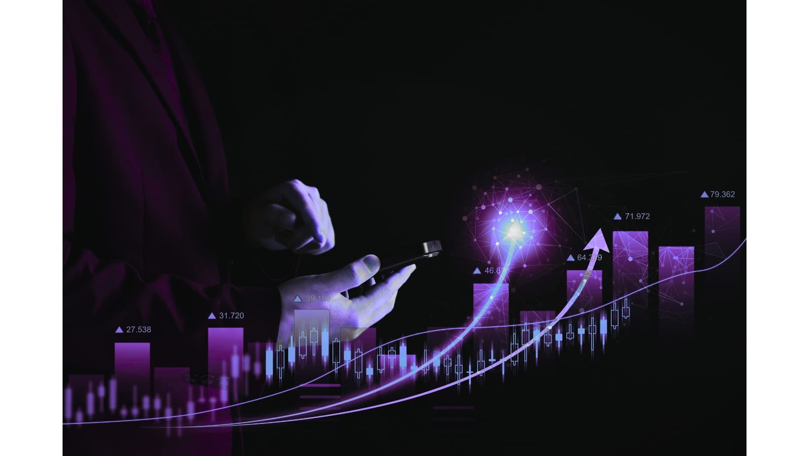 Person interacting with glowing data points and an upward-trending analytics graph