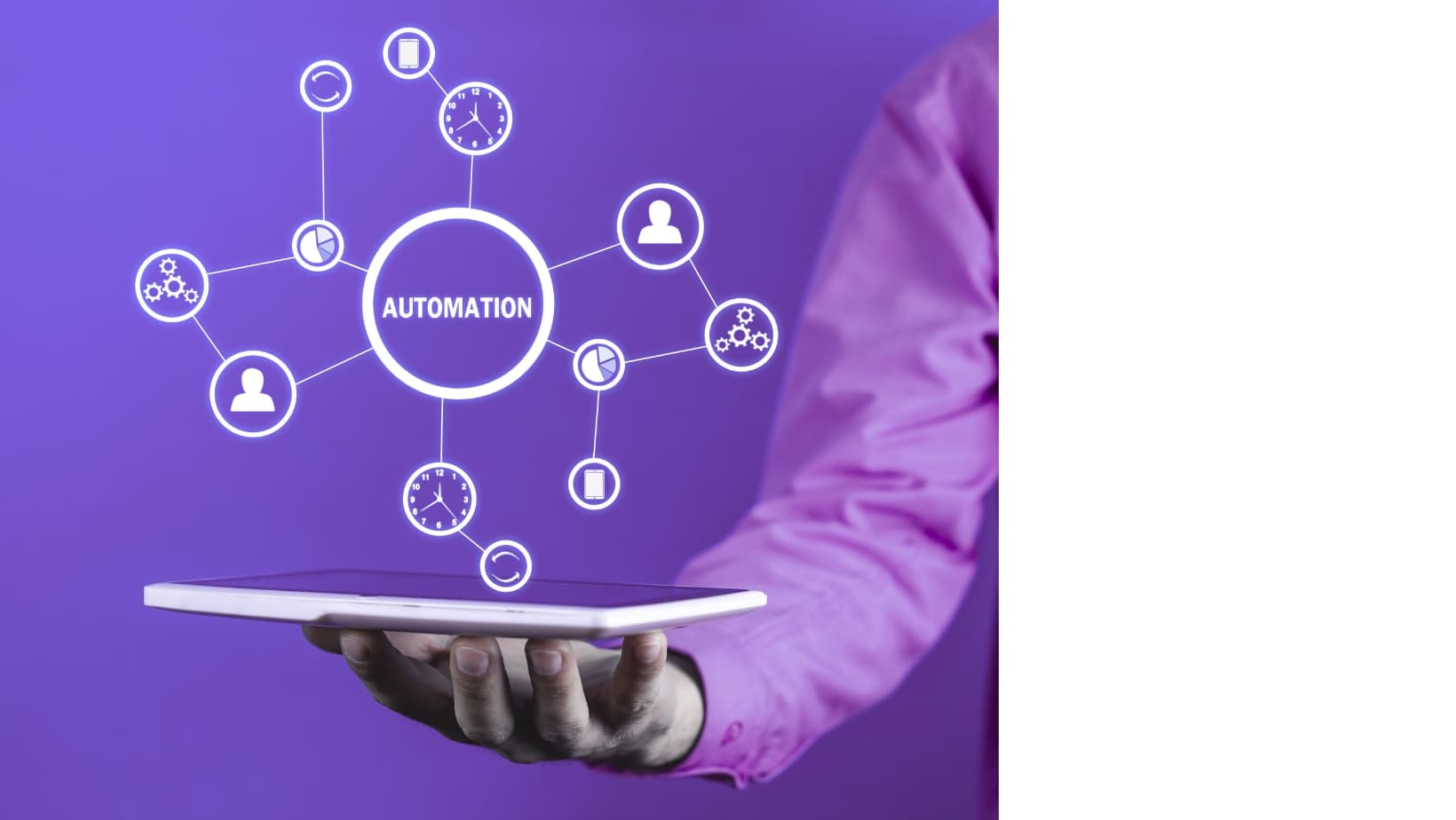 Hand holding a tablet with floating automation icons for process automation