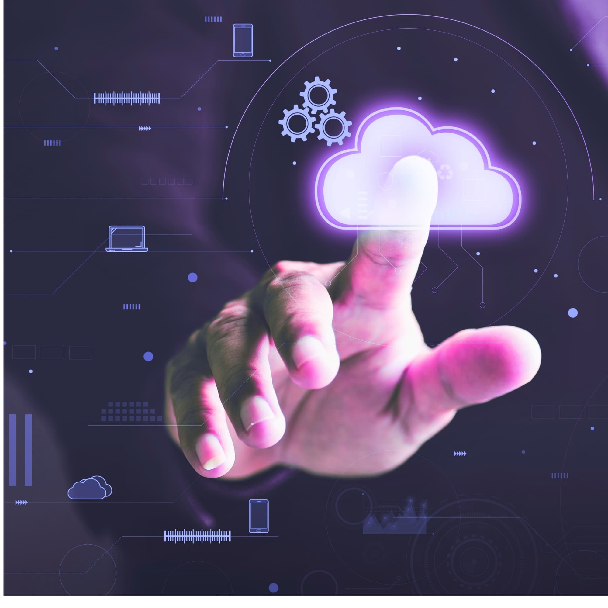 Hand pointing toward a glowing cloud icon representing cloud infrastructure services