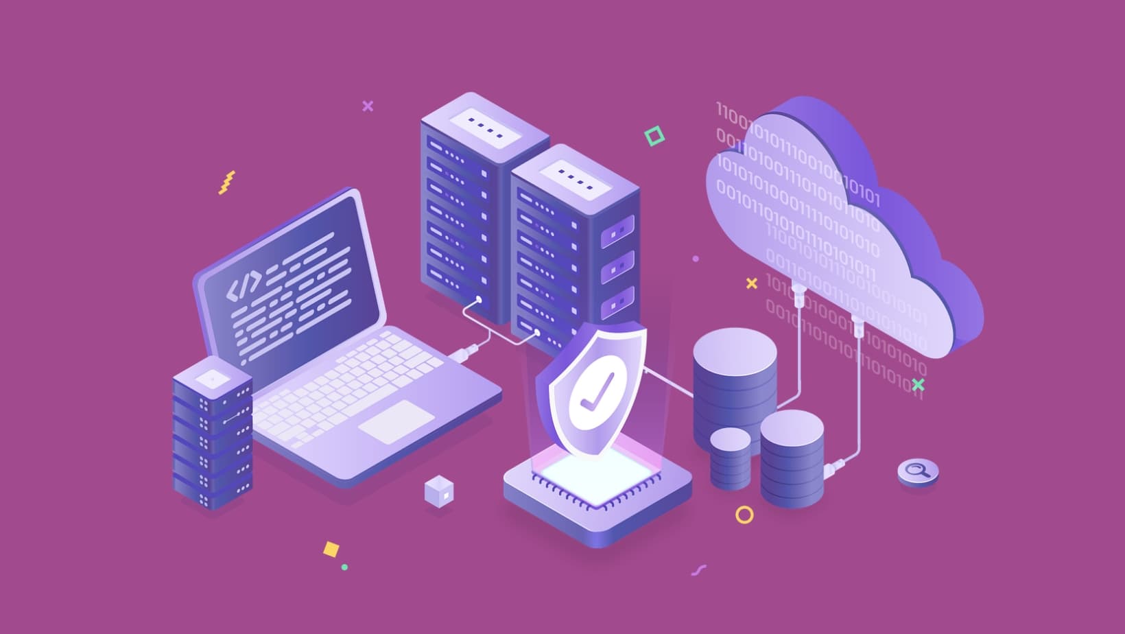 Isometric illustration of laptop, servers, and cloud connected by lines
