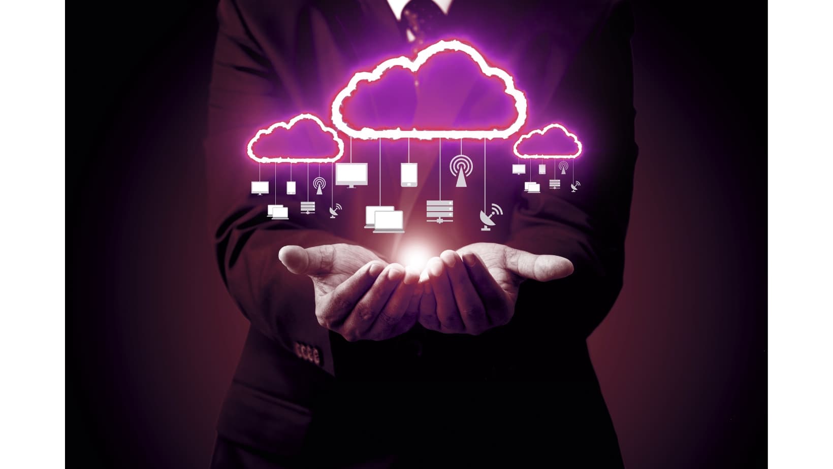 Hands cupped around a glowing cloud with server icons for monitoring