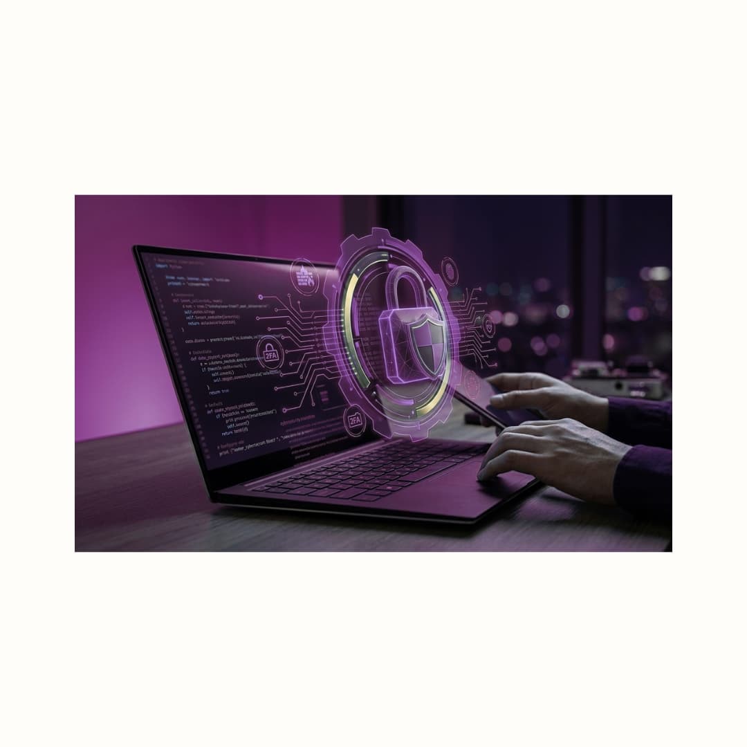 Hands at a laptop with purple digital security interface