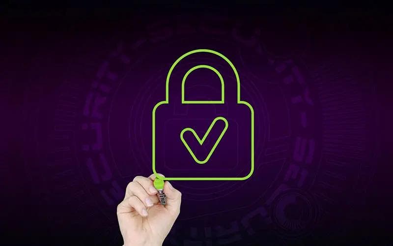 Hand pointing toward a glowing purple lock icon representing security retesting