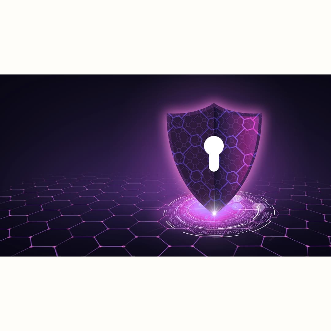 Glowing purple shield with keyhole representing cybersecurity protection