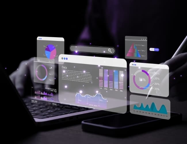 Digital dashboard screens showing business process analytics