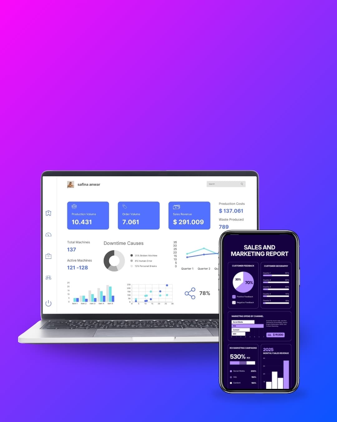 Device mockup showing inventory and order management dashboard