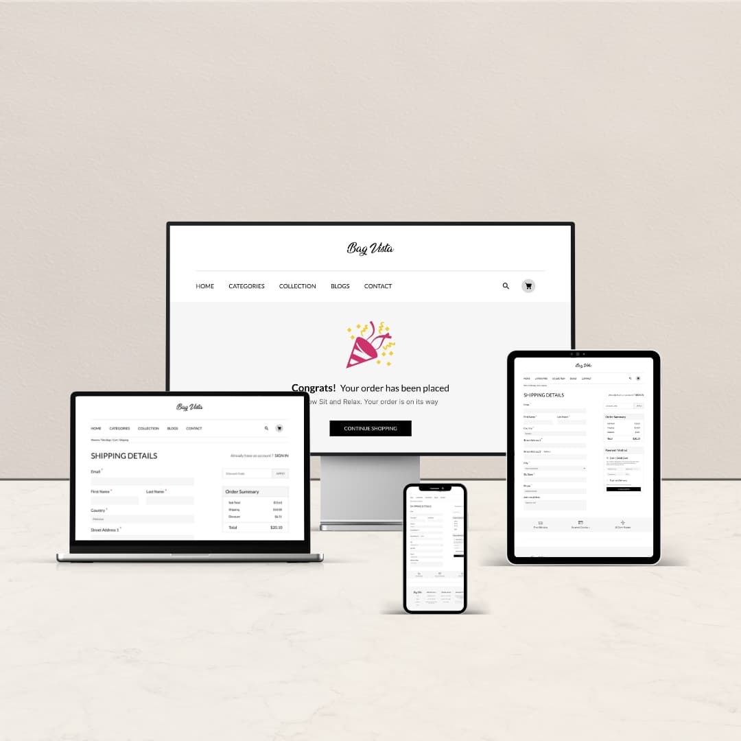 Multi-device mockup showing a secure checkout flow