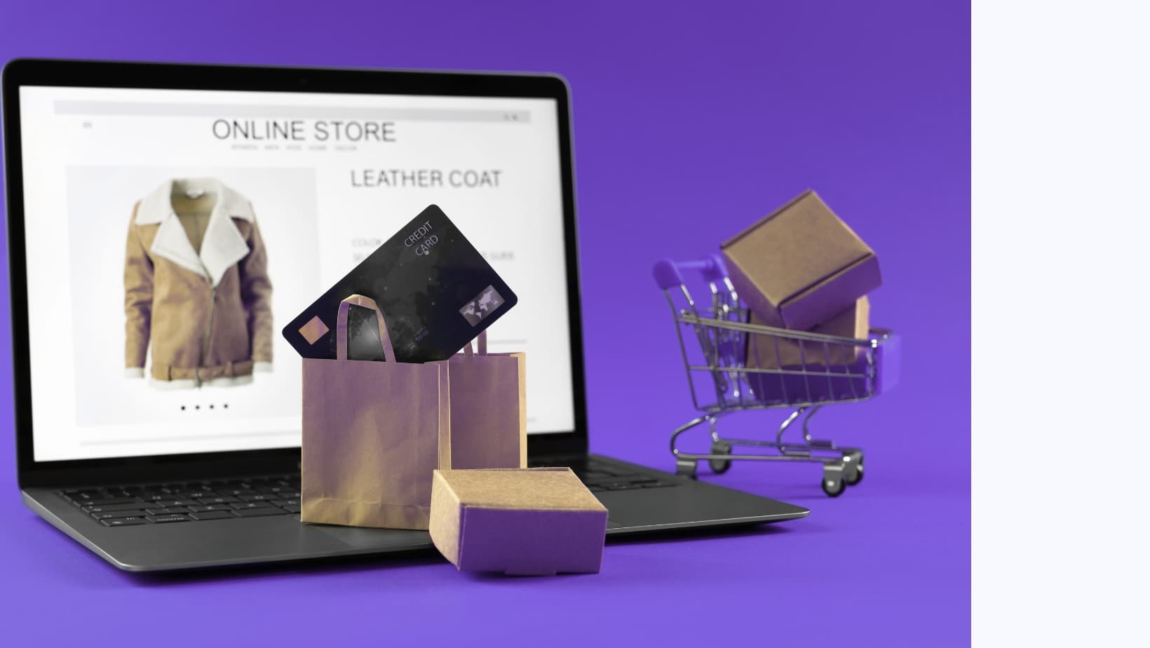 Laptop with subscription marketplace interface and product boxes