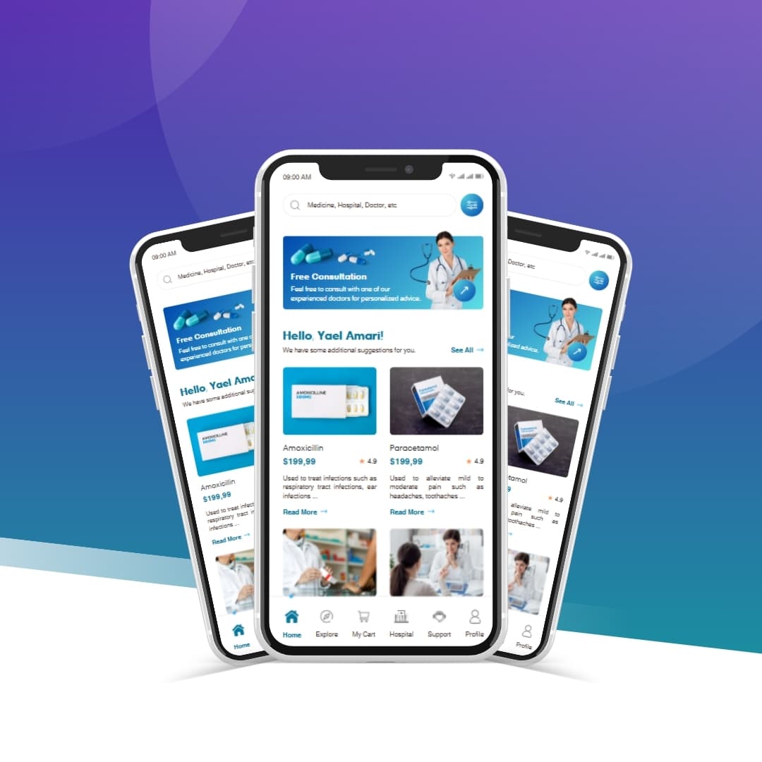 Three smartphones showing different mobile app screens
