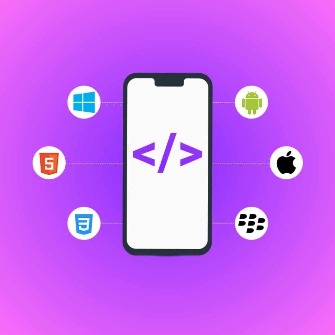 Smartphone showing cross-platform development with React and Flutter logos