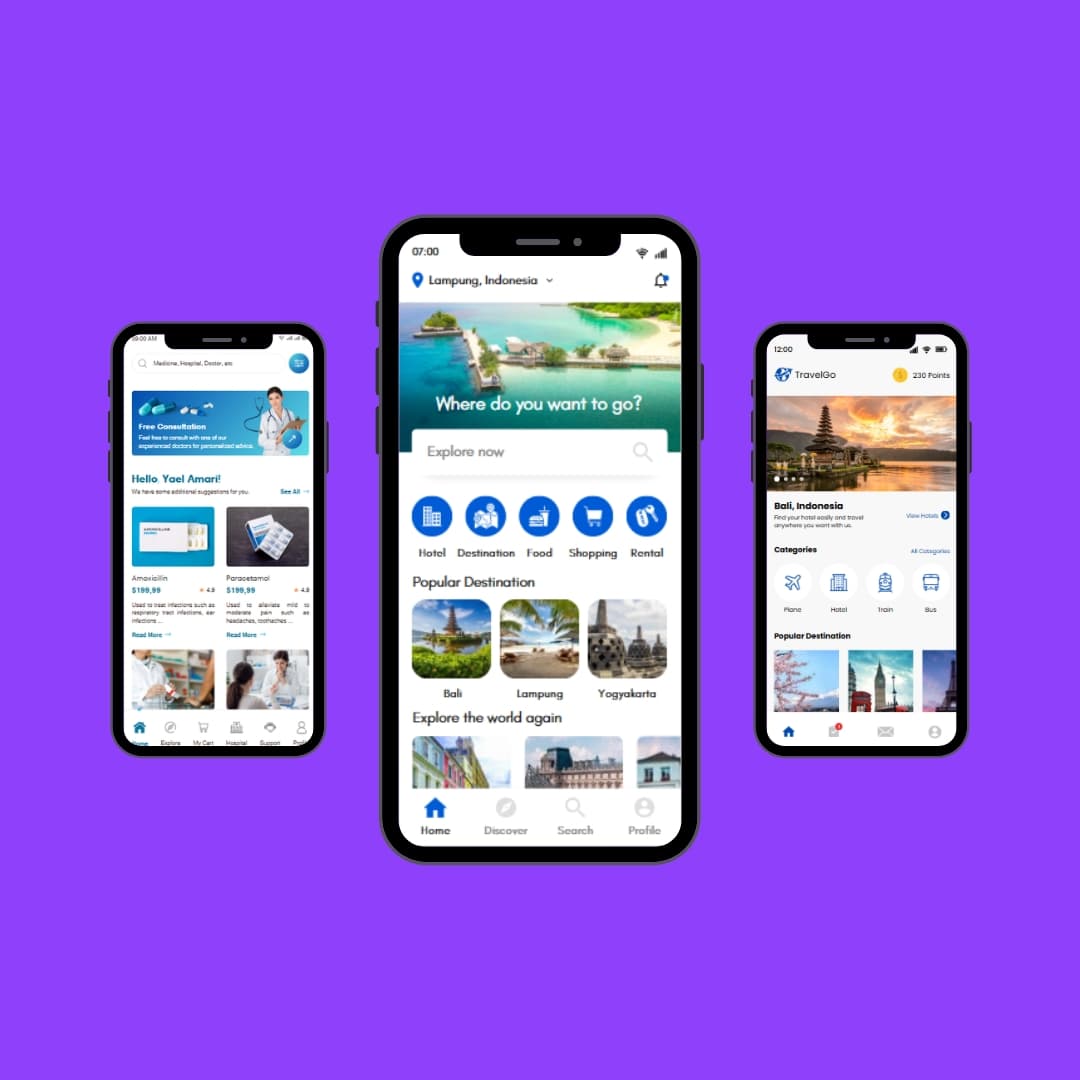 Multiple smartphones displaying vibrant custom mobile app interfaces