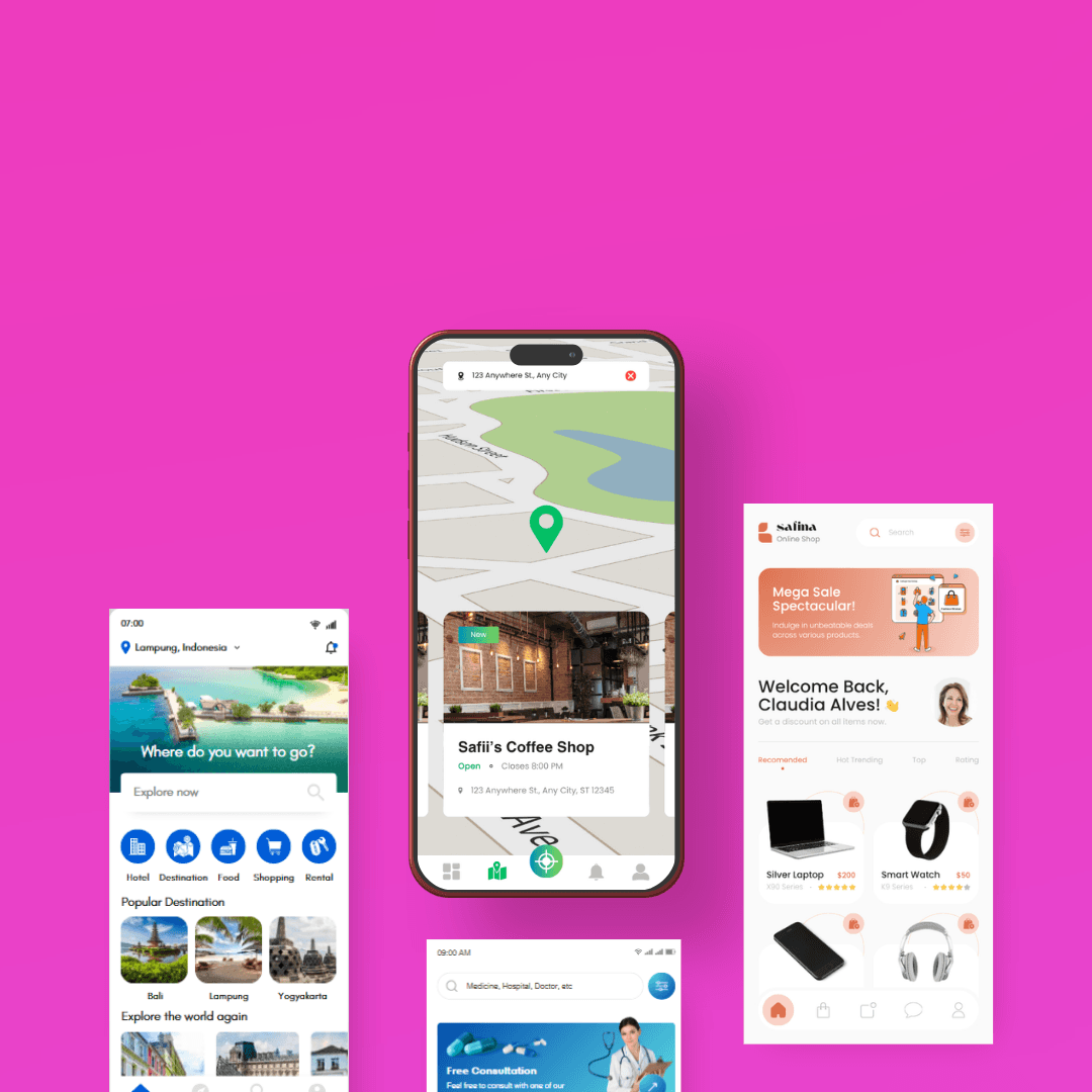 Multiple mobile app screens showing clean UI/UX design