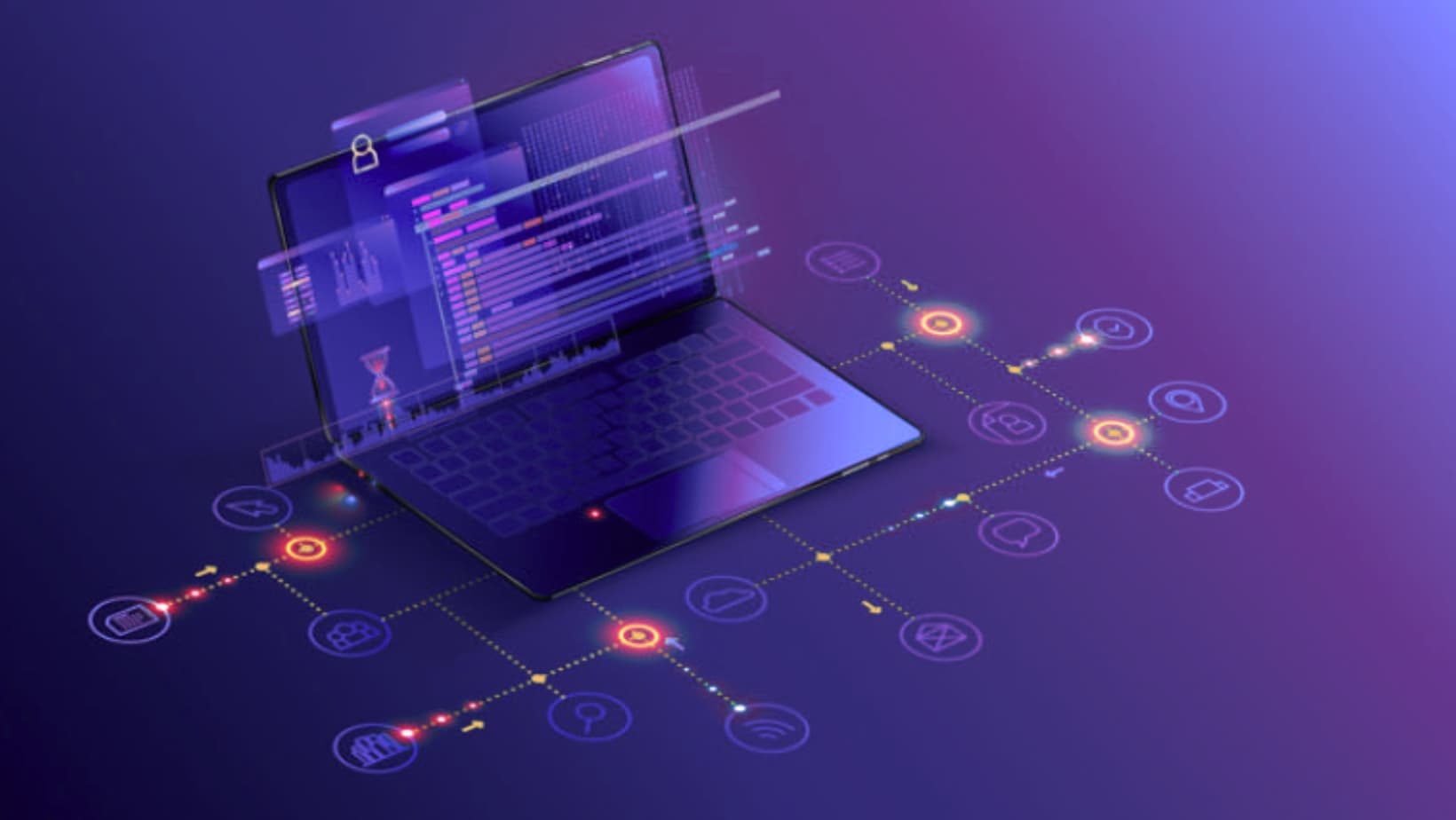Glowing purple digital cube with emerging software elements