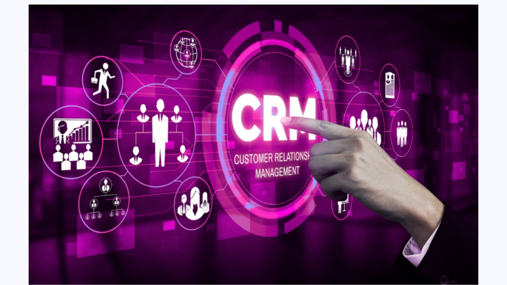 CRM interface with hands interacting on a laptop