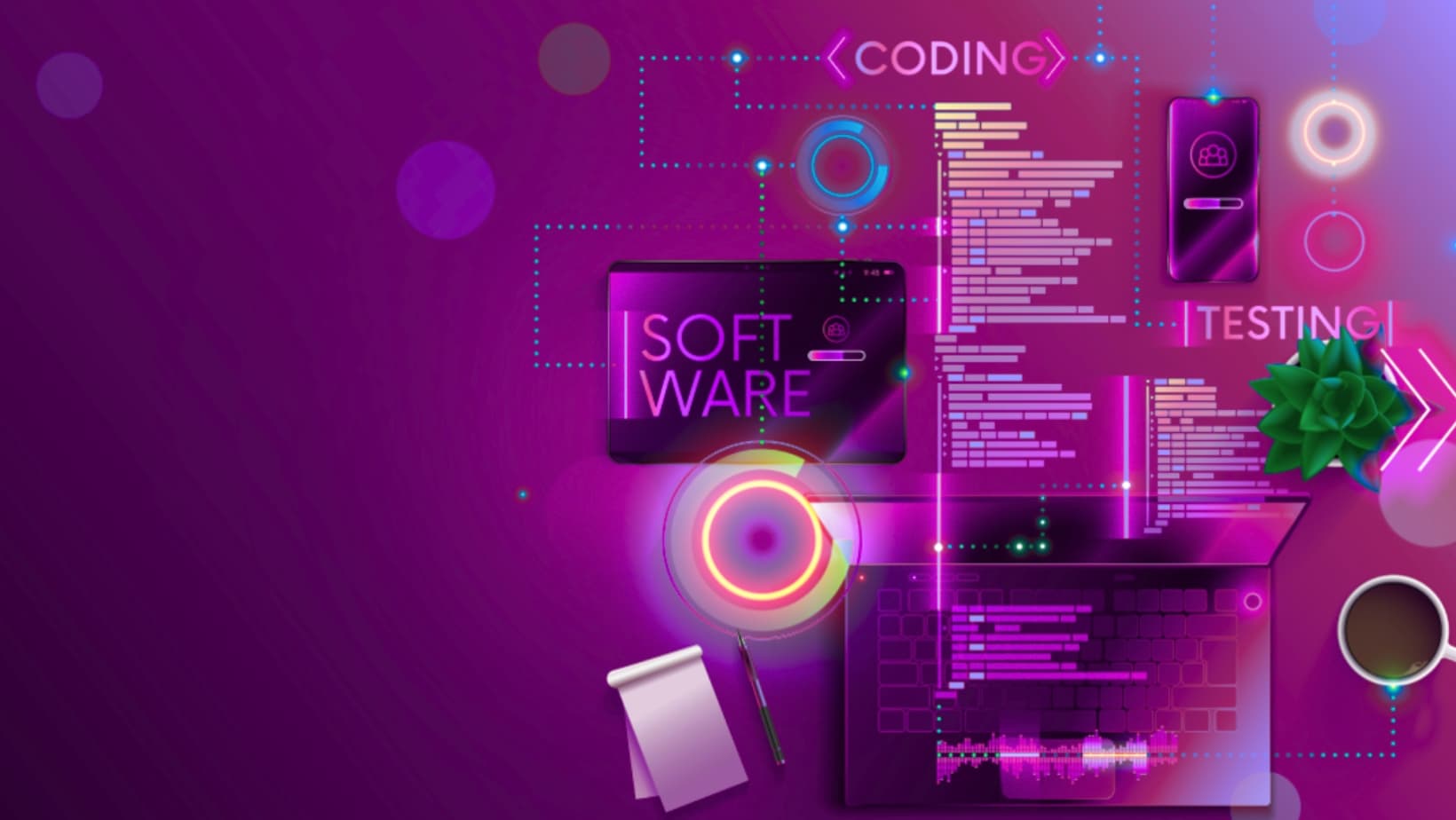 Purple-themed digital art representing custom software development