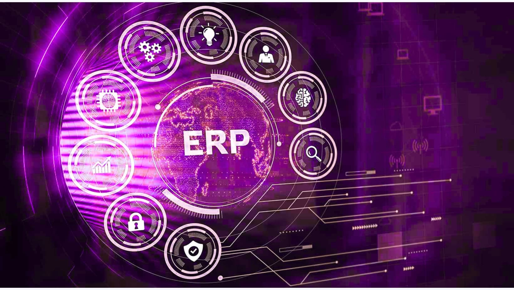ERP system icon surrounded by business operation icons
