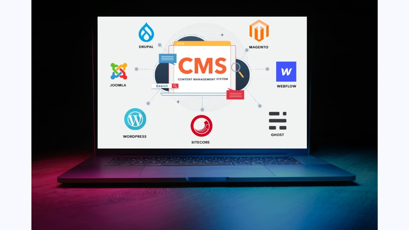 Device mockup showing a content management system dashboard